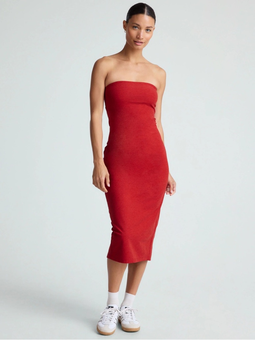 Beyond Yoga Spacedye Strapless Candy Apple Red Midi Bodycon Dress - M